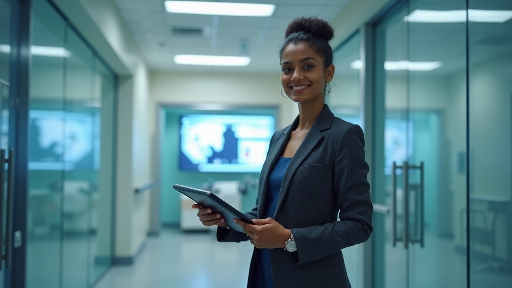 Healthcare executive reviewing AI governance frameworks on a tablet in a modern hospital corridor