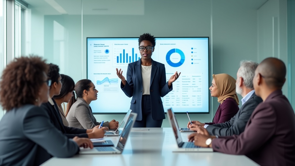 Diverse healthcare executives in boardroom meeting led by a woman